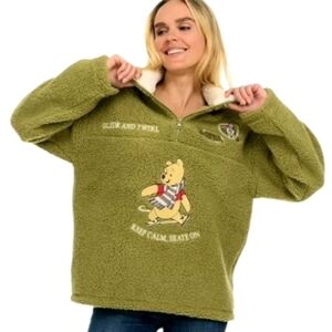Disney Winnie The Pooh Sherpa Fleece Quarter Zip Pullover Green NWT Sz Large